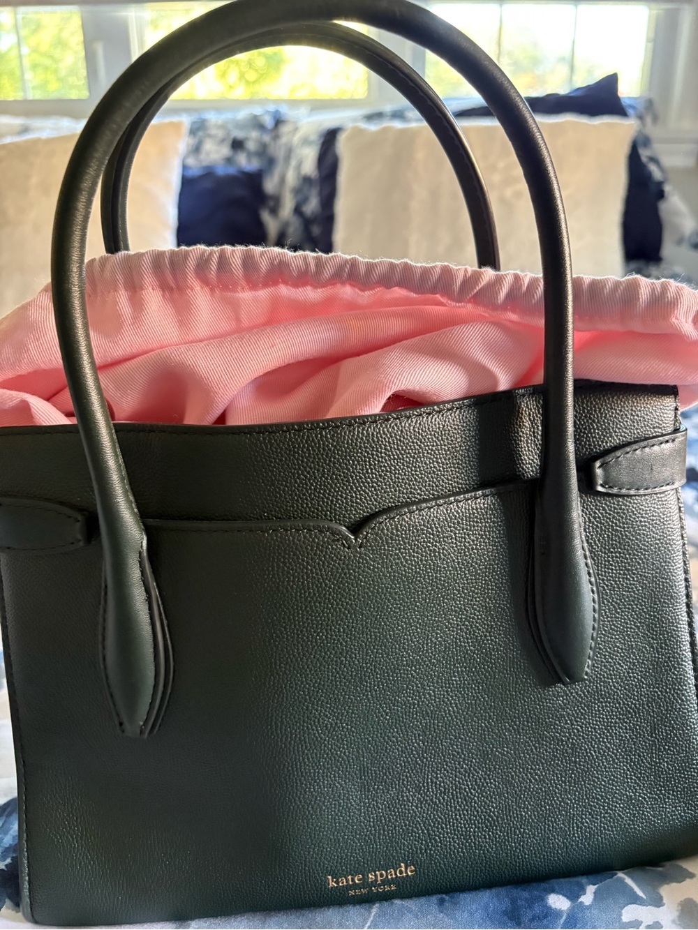 Kate Spade hunter green bag with pink drawstring dust cover